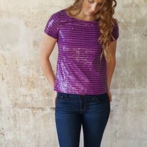 J.Crew Sequin Striped Tee - Purple Burgundy US Size Medium